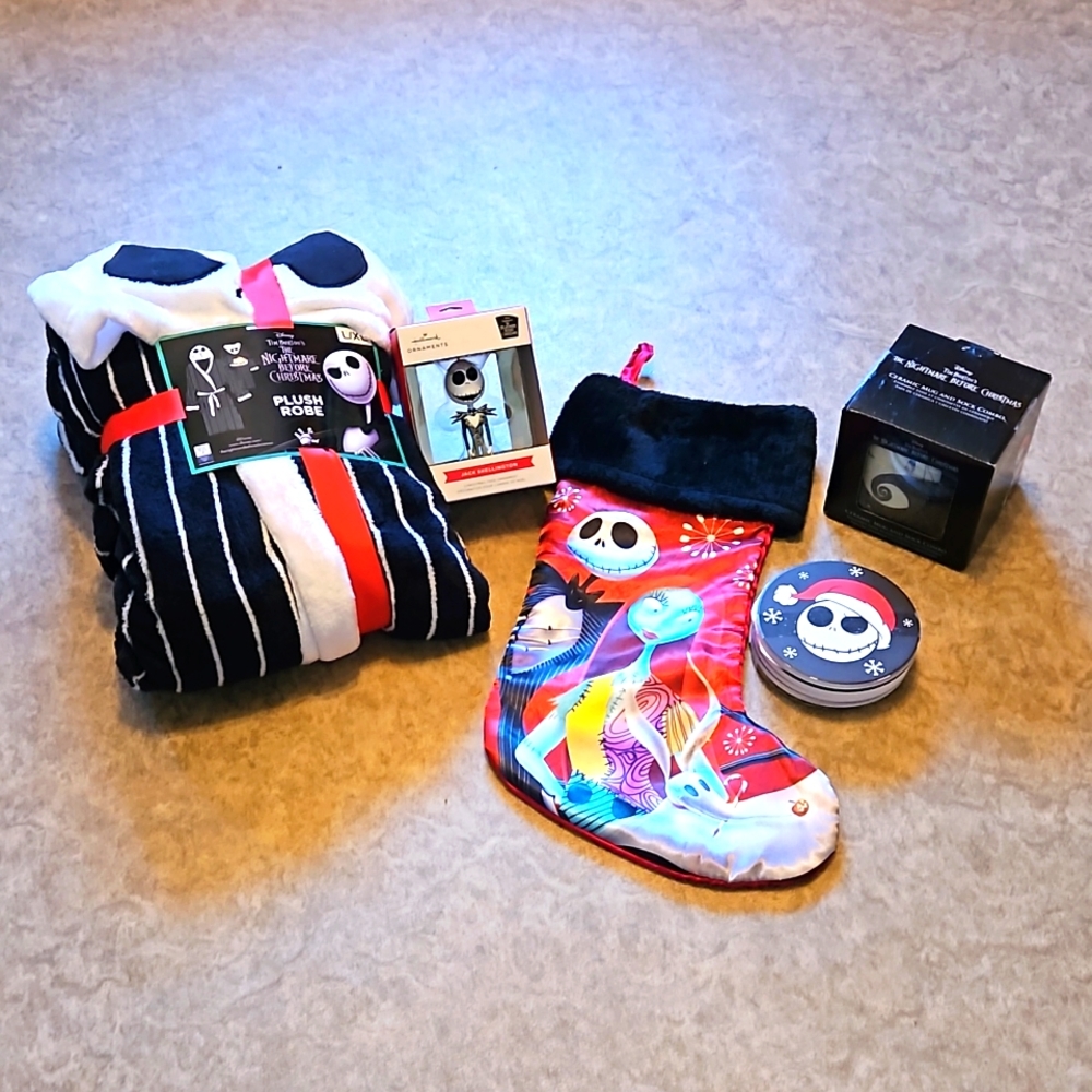 NWT.  Size L/XL Jack Skelington Plush Robe/ Stocking/Ornament/Coasters/Mug & Sox